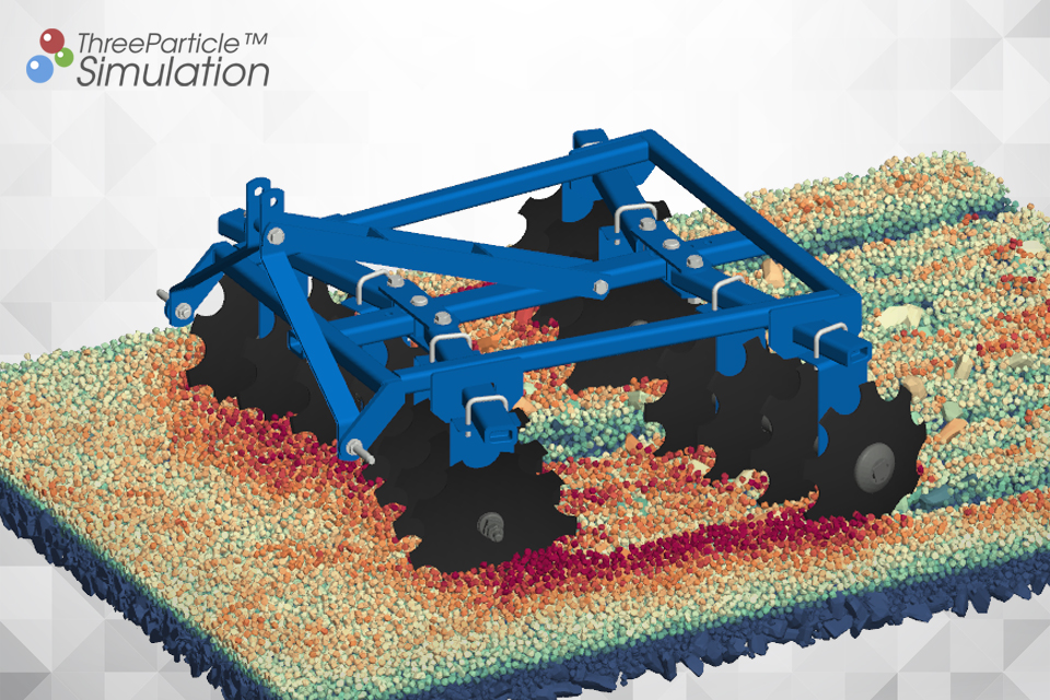 Agricultural simulation of a disc harrow with DEM and real shaped soil/rocks